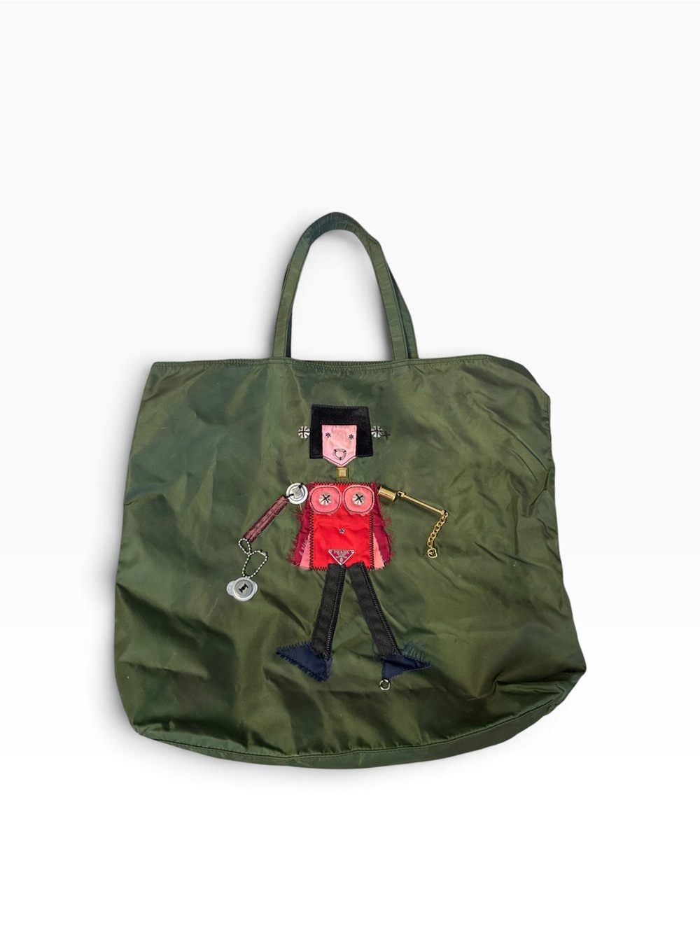Vintage Prada Tessuto Nylon Robot Appliqué Tessuto Nylon Tote Bag Olive Green